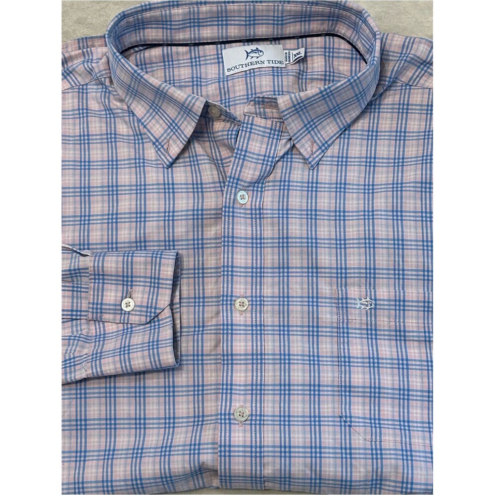 Southern Tide Intercoastal Plaid Long Sleeve Button Down Shirt XXL Pink Blue